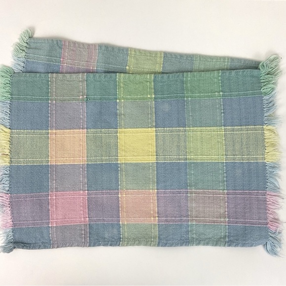 Vintage 4 piece soft pastel plaid checkered cotton placemats fringe edges - Picture 7 of 8